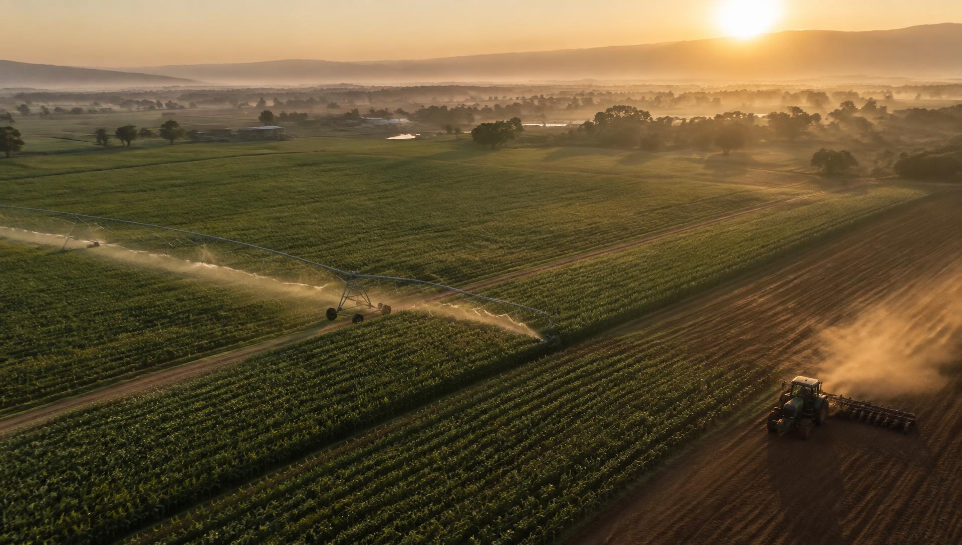 Aerial view of an irrigated African farm at sunrise